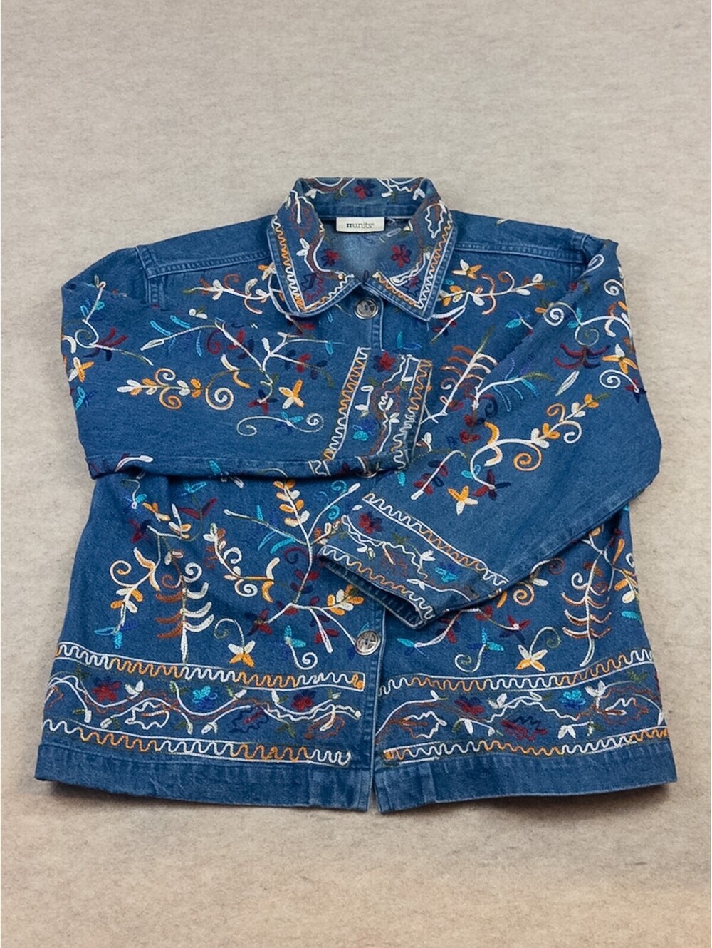 Vintage 90s Units Embroidered Floral Jean Jacket Large Boho